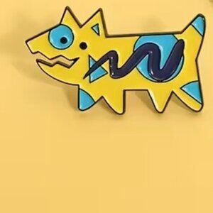 New Funky Pop Art Enamel 80's Dog Pin Yellow & Blue
